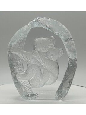 Vintage Nybro Sweden Art Glass Koala Bear Mother & Baby Joey Crystal Paperweight